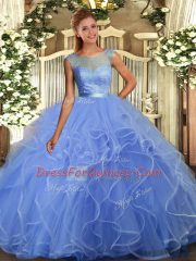 Blue Ball Gowns Ruffles Quinceanera Gown Backless Organza Sleeveless Floor Length