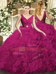 Fancy Fuchsia Fabric With Rolling Flowers Backless Vestidos de Quinceanera Sleeveless Floor Length Beading