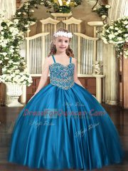 Floor Length Ball Gowns Sleeveless Blue Little Girls Pageant Gowns Lace Up