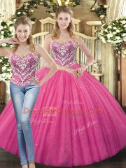 Graceful Sweetheart Sleeveless Lace Up Quinceanera Gown Hot Pink Tulle
