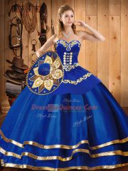 Cheap Sleeveless Satin and Tulle Floor Length Lace Up Quinceanera Gown in Blue with Embroidery