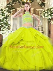 Yellow Green Ball Gown Prom Dress Military Ball and Sweet 16 and Quinceanera with Beading and Ruffles High-neck Sleeveless Backless