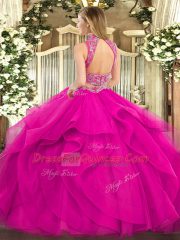 Yellow Green Ball Gown Prom Dress Military Ball and Sweet 16 and Quinceanera with Beading and Ruffles High-neck Sleeveless Backless