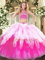 Multi-color Sleeveless Floor Length Beading and Ruffles Backless Quinceanera Dresses