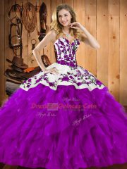 Floor Length Lace Up Quinceanera Dresses Eggplant Purple for Military Ball and Sweet 16 and Quinceanera with Embroidery and Ruffles