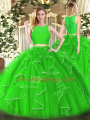 Best Green Scoop Zipper Lace and Ruffles 15 Quinceanera Dress Sleeveless