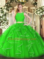 Best Green Scoop Zipper Lace and Ruffles 15 Quinceanera Dress Sleeveless