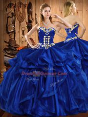 Royal Blue Organza Lace Up Sweetheart Sleeveless Floor Length Quinceanera Dresses Embroidery and Ruffles