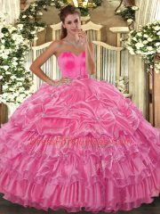 Discount Rose Pink Sleeveless Organza Lace Up Sweet 16 Dress for Military Ball and Sweet 16 and Quinceanera