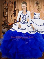 Blue Ball Gowns Satin and Organza Strapless Sleeveless Embroidery and Ruffles Floor Length Lace Up 15th Birthday Dress