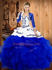 Blue Ball Gowns Satin and Organza Strapless Sleeveless Embroidery and Ruffles Floor Length Lace Up 15th Birthday Dress