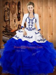 Blue Ball Gowns Satin and Organza Strapless Sleeveless Embroidery and Ruffles Floor Length Lace Up 15th Birthday Dress