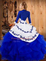 Blue Ball Gowns Satin and Organza Strapless Sleeveless Embroidery and Ruffles Floor Length Lace Up 15th Birthday Dress