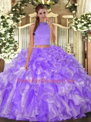 Comfortable Lavender Organza Backless Vestidos de Quinceanera Sleeveless Floor Length Beading and Ruffles