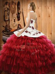 Edgy Halter Top Sleeveless Lace Up 15th Birthday Dress Wine Red Organza