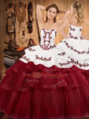 Tulle Strapless Sleeveless Sweep Train Lace Up Embroidery and Ruffled Layers Sweet 16 Dresses in Wine Red
