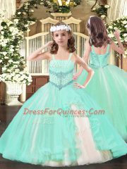 Apple Green Tulle Lace Up Little Girls Pageant Dress Sleeveless Floor Length Beading
