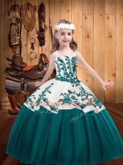 Stunning Teal Straps Lace Up Embroidery Girls Pageant Dresses Sleeveless
