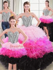 Sleeveless Floor Length Beading and Ruffles Lace Up Quinceanera Gown with Multi-color
