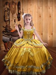 Gold Satin Lace Up Off The Shoulder Sleeveless Floor Length Pageant Gowns For Girls Beading and Embroidery