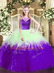 Scoop Sleeveless Tulle Quinceanera Gown Beading and Ruffles Side Zipper