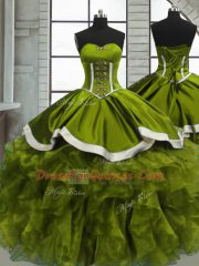 Luxury Olive Green Ball Gowns Beading and Ruffles Quinceanera Dress Lace Up Organza Sleeveless Floor Length