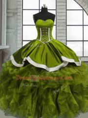 Luxury Olive Green Ball Gowns Beading and Ruffles Quinceanera Dress Lace Up Organza Sleeveless Floor Length
