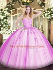 Best Selling Lilac Ball Gowns Sweetheart Sleeveless Tulle Floor Length Lace Up Beading and Appliques Quinceanera Dress