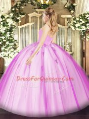 Best Selling Lilac Ball Gowns Sweetheart Sleeveless Tulle Floor Length Lace Up Beading and Appliques Quinceanera Dress