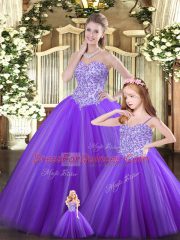 Purple Ball Gowns Tulle Sweetheart Sleeveless Beading Floor Length Lace Up 15th Birthday Dress