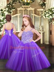 Purple Ball Gowns Tulle Sweetheart Sleeveless Beading Floor Length Lace Up 15th Birthday Dress