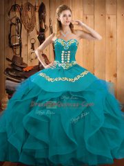 Teal and Turquoise Sweetheart Lace Up Embroidery and Ruffles Vestidos de Quinceanera Sleeveless
