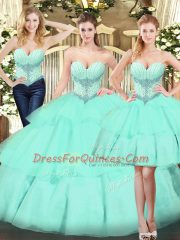 Apple Green Sleeveless Floor Length Beading and Ruffled Layers Lace Up Quinceanera Dress