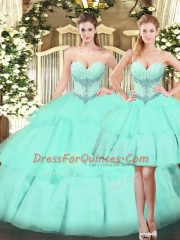 Apple Green Sleeveless Floor Length Beading and Ruffled Layers Lace Up Quinceanera Dress