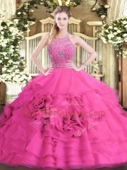 Dramatic Floor Length Ball Gowns Sleeveless Hot Pink Quinceanera Dress Zipper