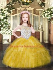 Gold Zipper Scoop Beading and Ruffles Kids Pageant Dress Tulle Sleeveless