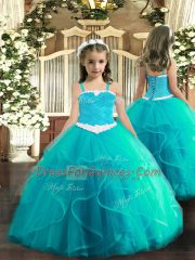 High Class Appliques and Ruffles Child Pageant Dress Aqua Blue Lace Up Sleeveless Floor Length