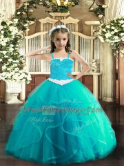 High Class Appliques and Ruffles Child Pageant Dress Aqua Blue Lace Up Sleeveless Floor Length