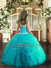 High Class Appliques and Ruffles Child Pageant Dress Aqua Blue Lace Up Sleeveless Floor Length