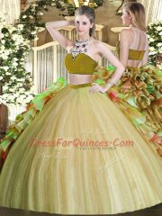 Bateau Sleeveless Tulle Quinceanera Dress Beading and Ruffles Backless