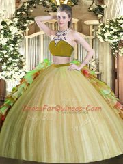 Bateau Sleeveless Tulle Quinceanera Dress Beading and Ruffles Backless