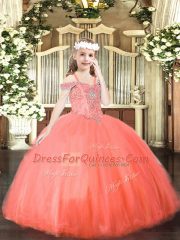 Sleeveless Floor Length Beading Lace Up Child Pageant Dress with Coral Red