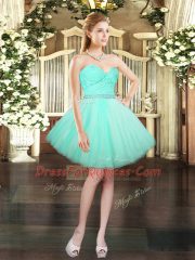 Ruching Ball Gown Prom Dress Aqua Blue Lace Up Sleeveless Floor Length