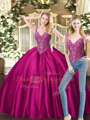 Fantastic Beading 15th Birthday Dress Fuchsia Lace Up Sleeveless Floor Length