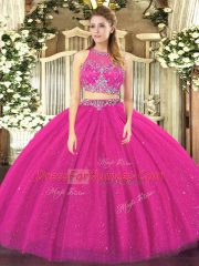 Captivating Fuchsia Scoop Neckline Beading Quinceanera Gown Sleeveless Zipper