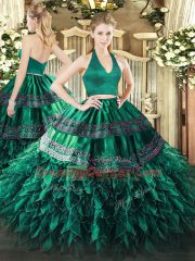 Halter Top Sleeveless 15 Quinceanera Dress Floor Length Appliques and Ruffles Dark Green Organza