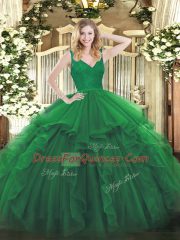 On Sale V-neck Sleeveless Vestidos de Quinceanera Floor Length Beading and Lace and Ruffles Dark Green Organza