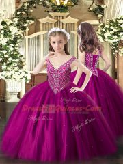 Cute Fuchsia Tulle Lace Up V-neck Sleeveless Floor Length Girls Pageant Dresses Beading