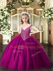 Cute Fuchsia Tulle Lace Up V-neck Sleeveless Floor Length Girls Pageant Dresses Beading