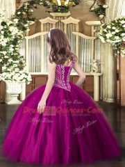 Cute Fuchsia Tulle Lace Up V-neck Sleeveless Floor Length Girls Pageant Dresses Beading